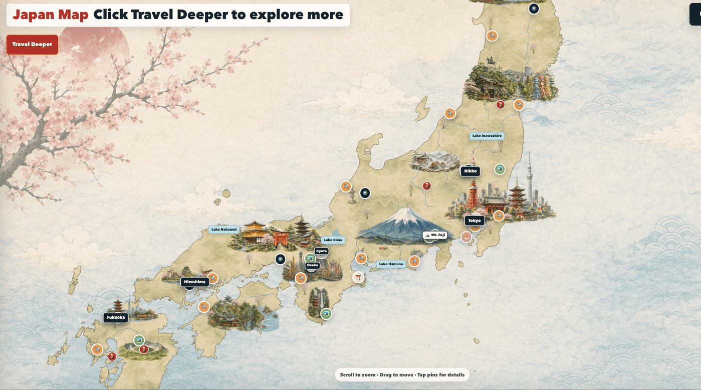 Japan Trip Planners interactive map showing Japan, map pins, and the Travel Deeper control