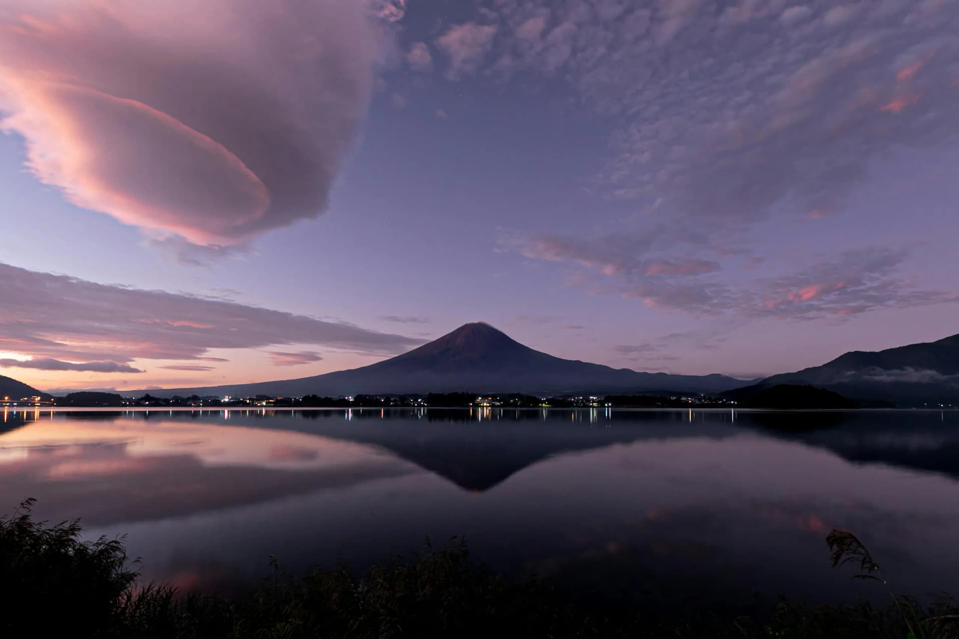 Mount Fuji rising beyond a lake