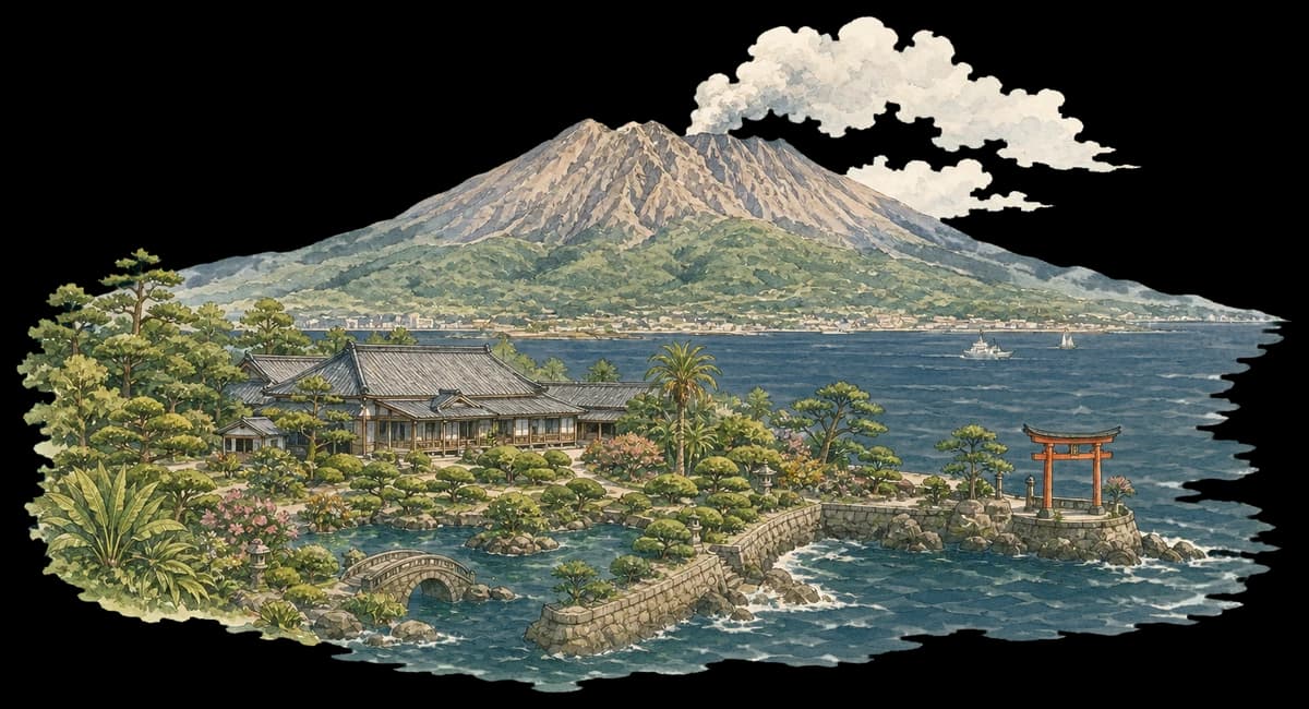 Watercolor-style view of Sakurajima volcano and the Kagoshima coast