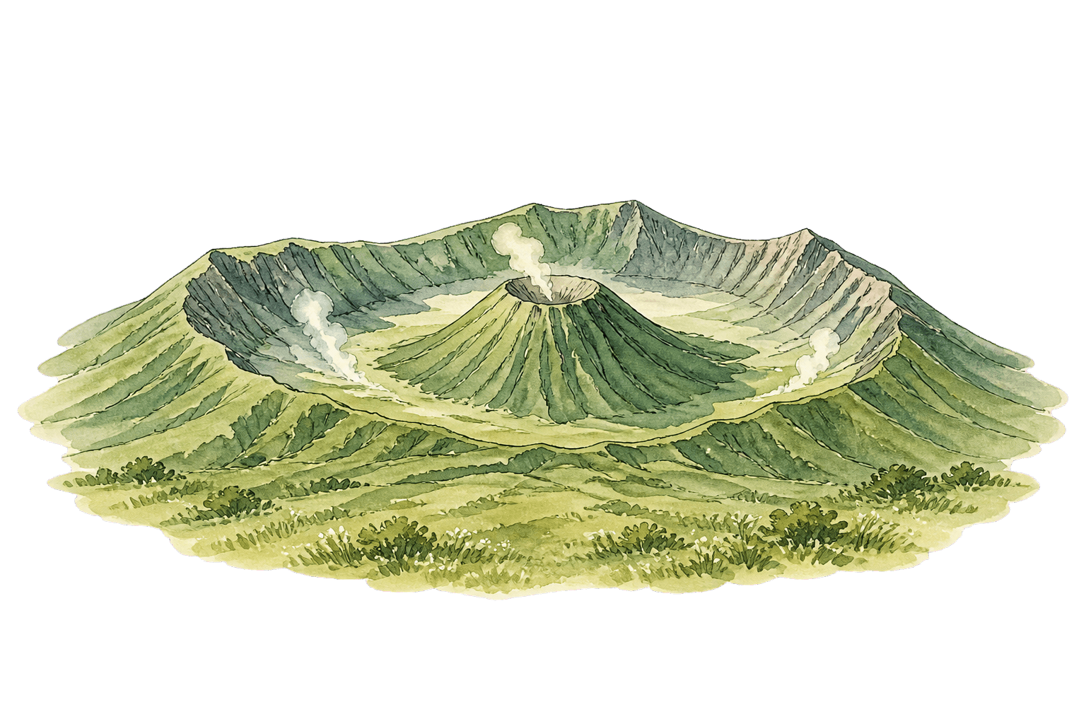 Illustration of the volcanic caldera at Mount Aso in Kumamoto
