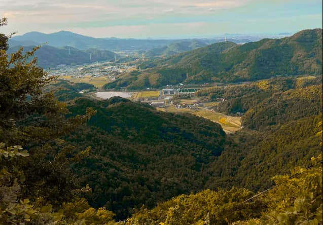 Forested hills with green and golden autumn tones overlooking a valley of fields, roads and distant mountains in Japan