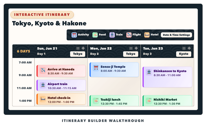 Japan Trip Planners itinerary builder showing a day-by-day Tokyo, Kyoto, and Hakone calendar