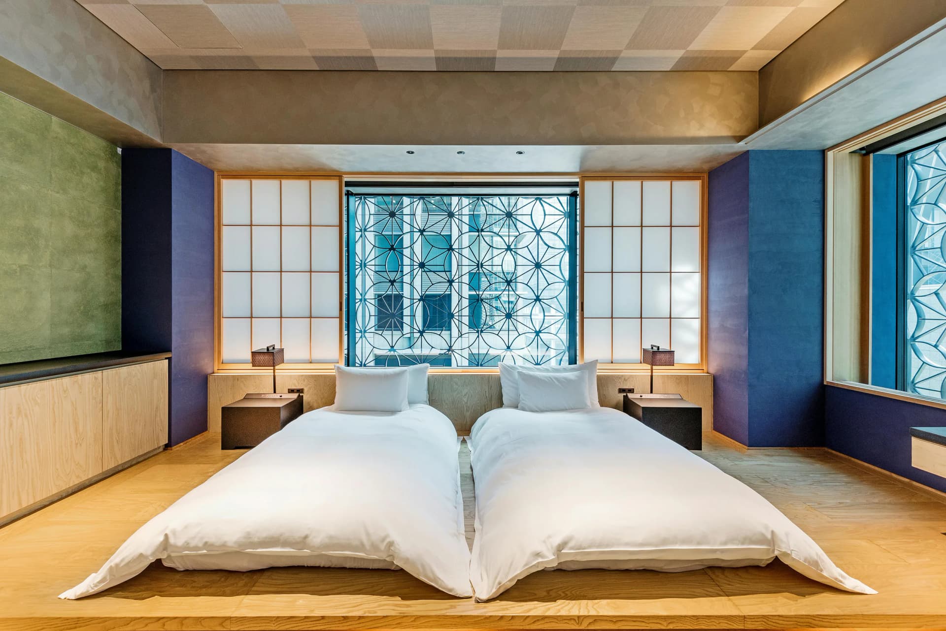 Japanese-style hotel room with floor-level beds