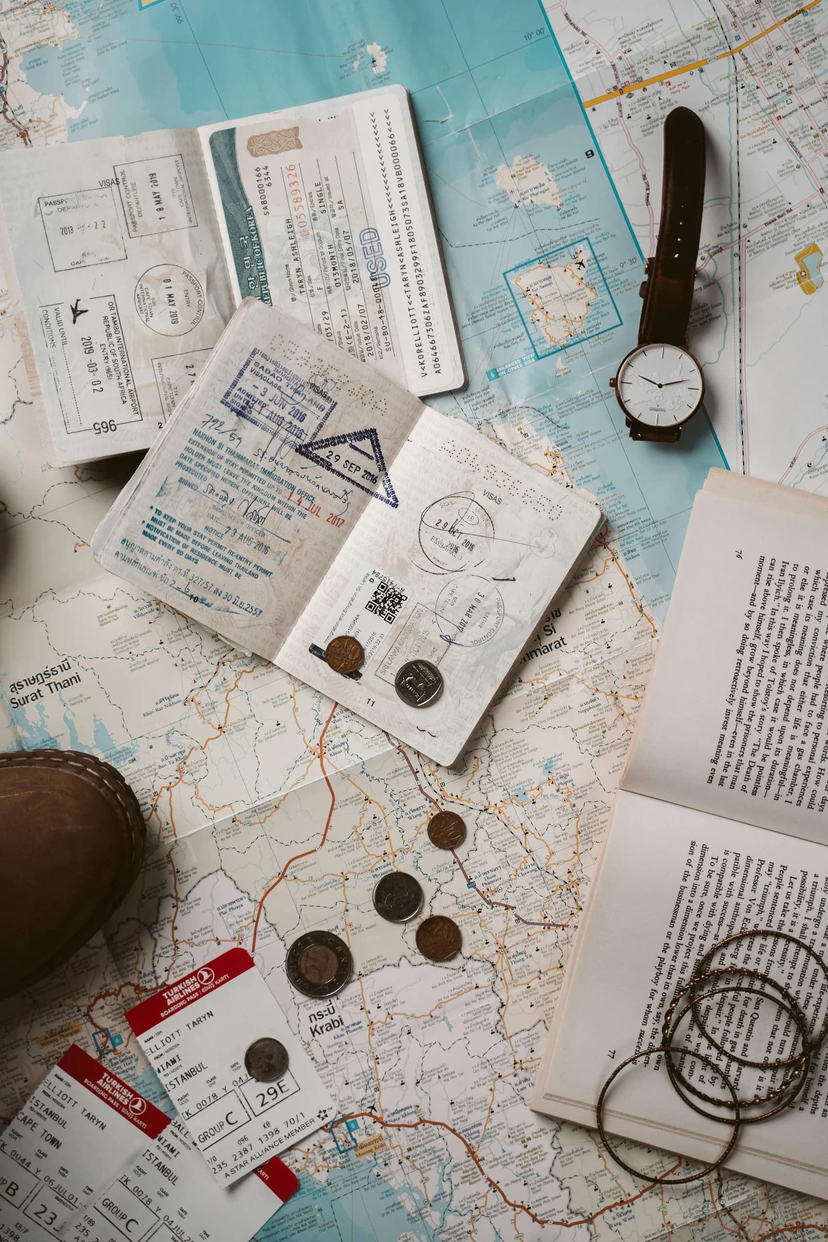 Passports and travel documents on a map