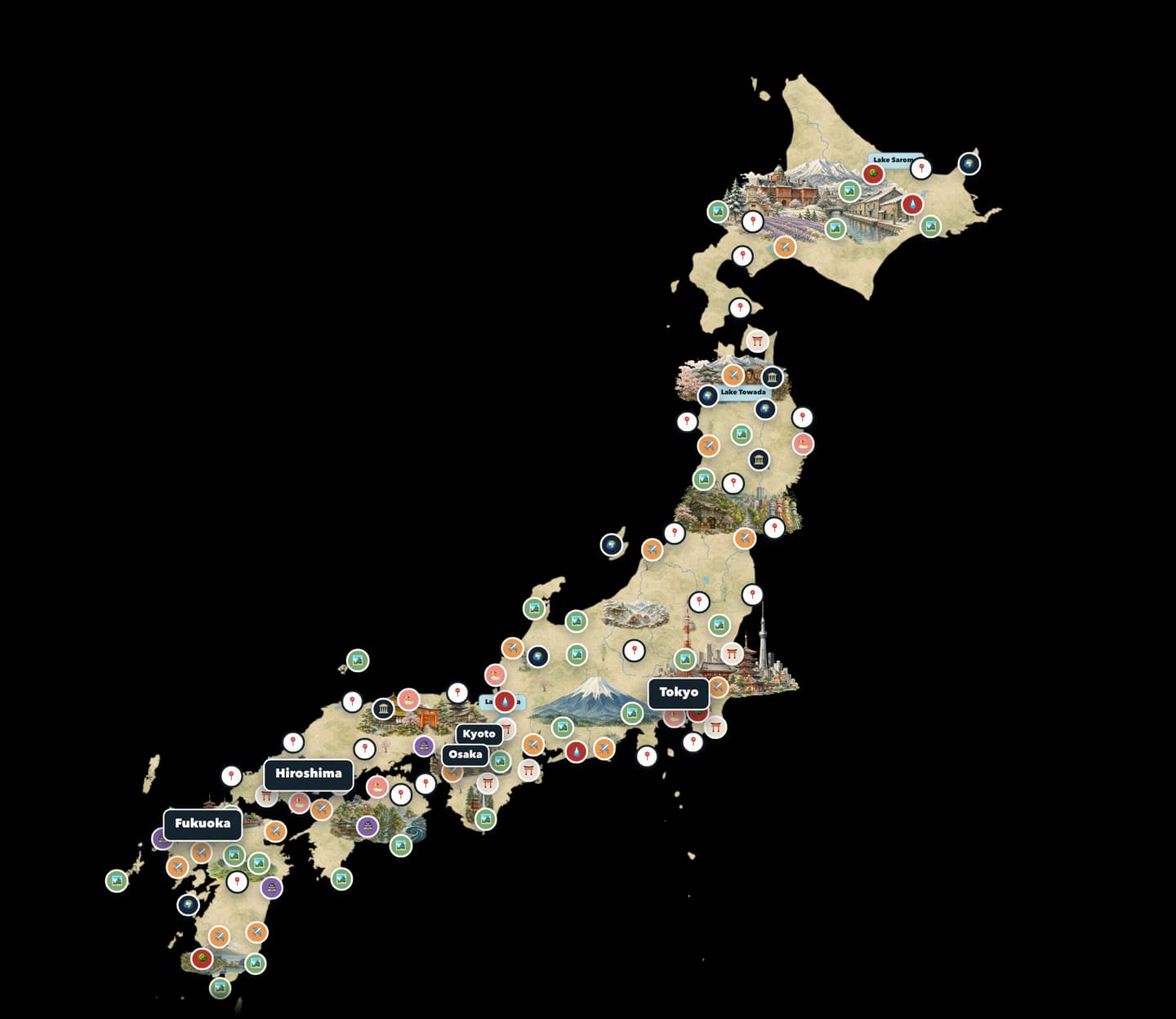 Japan Trip Planners map with Tokyo, Kyoto, Osaka, Mount Fuji and sightseeing pins